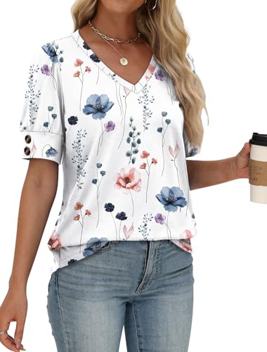 Image of OFEEFAN Womens Tops Short Sleeve Shirts Buttons V Neck Spring Fashion Summer Outfits Plus Size Blouses Dressy Casual