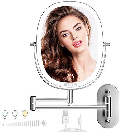 Touchfeel Wall Mounted Makeup Mirror, 9 Inch 1X/7X Magnifying Mirror With 3 Color Light, Double Sided 360° Swivel Extendable Bathroom Mirror With Dimmable Led Light For Bedroom #TOP8
