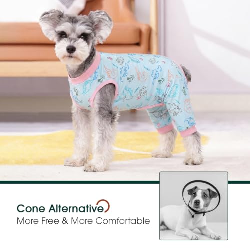 Image of Kuoser Dog Recovery Suit with Anti Licking Rear Leg Sleeve, Dinosaur M | Abdominal Dog Surgical Suit with Pants Cover Protect Wounds, Dogs Elbow Protector Soft Pet Surgery Onesie Cone Alternative
