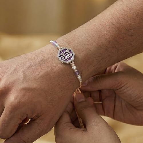 Image of Peora Rakhshabandhan Thread Rakhi for Brother Bhaiya | Kundan Beads & Crystal Studded | Combo Set of 2 | Rakhi Hamper Roli Chawal & Greeting Card