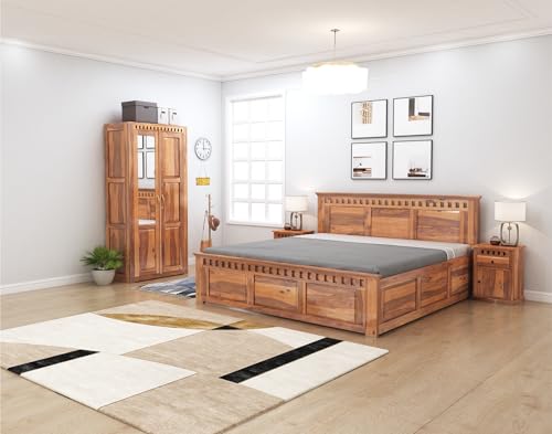 Image of SONA ART & CRAFTS Kuber Solid Sheesham Wood Bedroom Set | King Size Bed with Box Storage, Wardrobe & Two Bedside Tables - Natural Finish (Assembly Included)