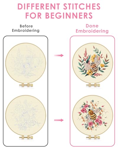 Image of TINDTOP 2 Pack Embroidery Kit for Adult, Embroidery DIY Starter Kit, with Stamped Patterns, Hoop, Tools, Colorful Threads with Needles, Instructions (Bee) | with Stamped Patterns, Hoop, Tools, Colorful Threads with Needles, Instructions (Bee)
