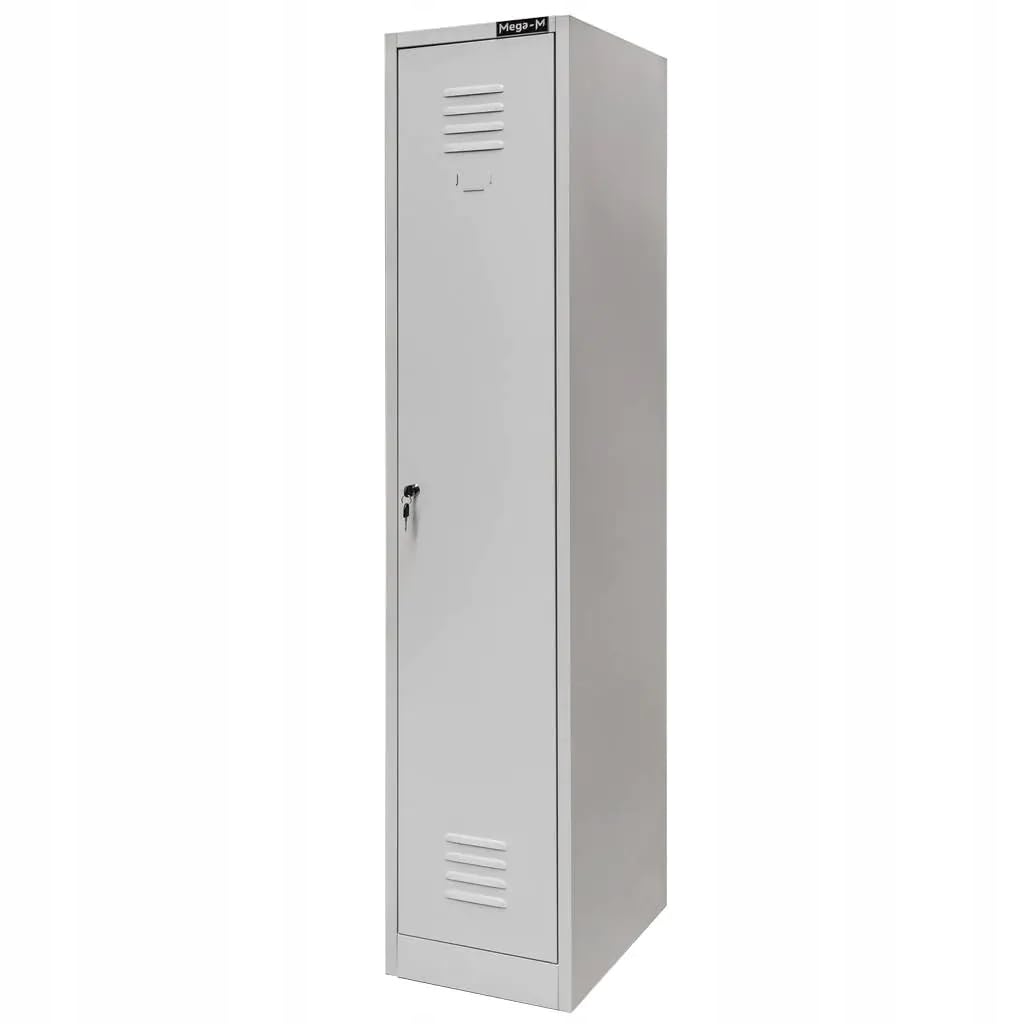 MEGA-M Szafka BHP ubraniowa pracownicza 1-drzwiowa | metalowa szafa z półką, drążkiem, haczykami, wentylacją i zamkiem, 36 × 50 × 180 cm, szara Bullet Points