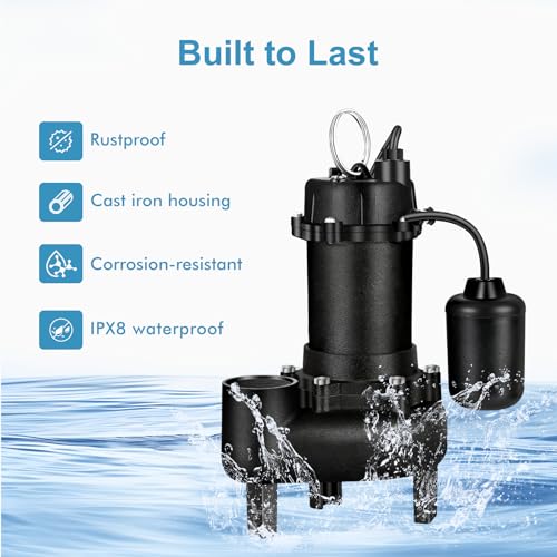 Tongchant 1Hp Portable Cast Iron Submersible Sewage/Effluent Pump With Ajustable Automatic Float Switch, 5220Gph Sump Pump For Basement Basin Residential-Sewage Pedestal thumb #3