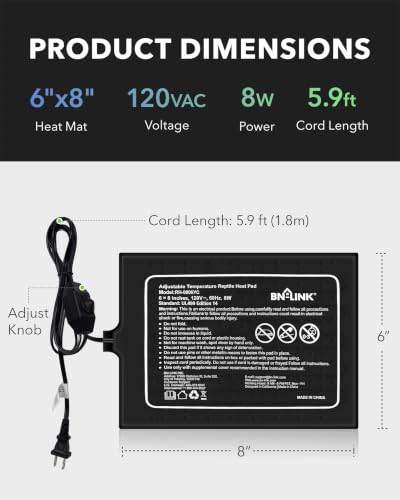 Image of BN-LINK Reptile Heating Pad 6 inchX8 inch with Adjust Knob, Adjustable Temperature Under Tank Heater for Reptiles, Indoor Terraium Heating Mat for Turtles, Lizard, Snakes, Frogs, and Other Reptiles