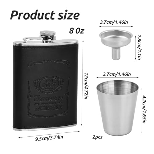 Miniatura 2 de Petacas De Alcohol 8oz, Petacas De Alcohol De Acero Inoxidable Negro, Con 2 Tazas Y 1 Embudo, Portátil Whisky Hip Flask Para Escalada, Cuero Negra Frasco De Regalo Para Hombre, Para Excursiones Viajes