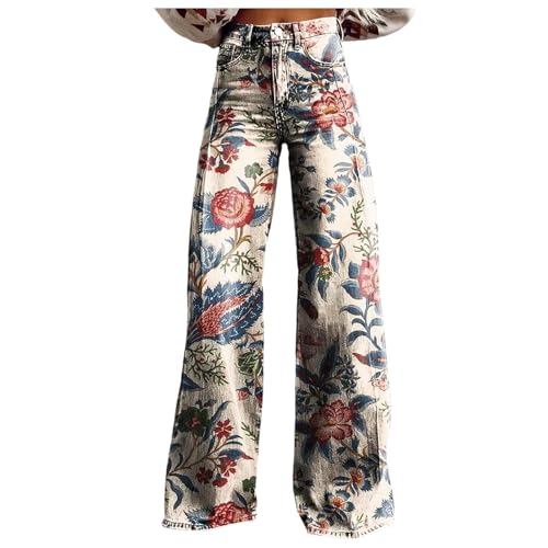 floral jeans,Bell Bottom Jeans for Women,flare High Waisted Wide Leg Stretchy Floral Patterned Printed Vintage Jean Plus Size Stretch Pants Pantalones Vaqueros Para Mujer 24 White L