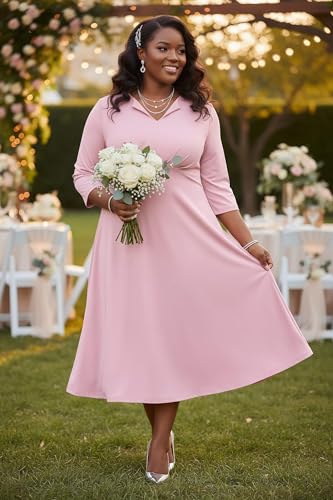 Image of Nmoder Women's Plus Size Stretchy Flared Wrap Dress Casual Wedding Guest Midi Dresses V Neck 3 /4 Sleeve A-Line Swing Dress