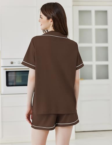Image of Ekouaer Womens Waffle Knit Pajama Sets Soft Short Sleeve Button Down Sleepwear Cozy 2 Piece Pjs Shorts Set