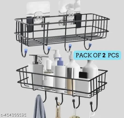 (Pack of 2) Steel Self-Adhesive Multipurpose Bathroom Shelf with Hooks/Towel Holder/Rack/Bathroom Accessories-Wall Mount - Pack of 2 (Black,Powder Coated)|BHR-P1066 1
