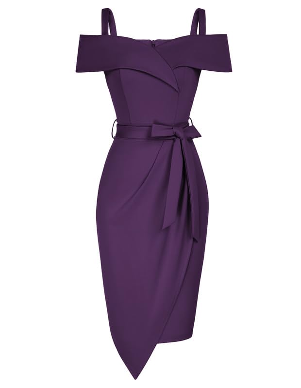 JASAMBAC Vestido ajustado con volantes para mujer, cuello en V, hombros descubiertos, para invitados de boda, Correa morada, XXL