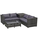 Outsunny 4 Pieces Rattan Garden Furniture Set, 4 Seater Corner Sofa Set with Storage Box, 2 Drawers Coffee Table, Loveseats with Cushions, Wicker Garden Conservatory Furniture for Balcony, Grey