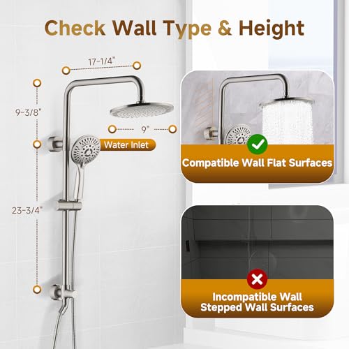 BRIGHT SHOWERS Rain Shower Heads System Including Rainfall Shower Head and Handheld Shower Head with Height Adjustable Holder, Solid Brass Rail, 60 Inch Long Stainless Steel Hose, Brushed Nickel