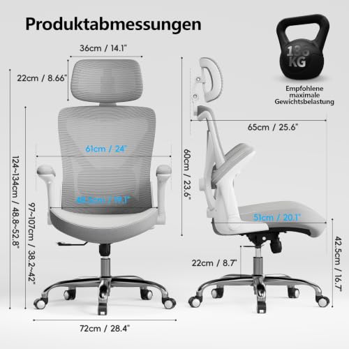 Image of TRALT Office Chair - Ergonomic Office Chair with Adjustable Lumbar Support Headrest Office Desk Chair - Gaming Chair in X-Shape Office Chair - Desk Chair Computer Chair 150 kg White /Grey