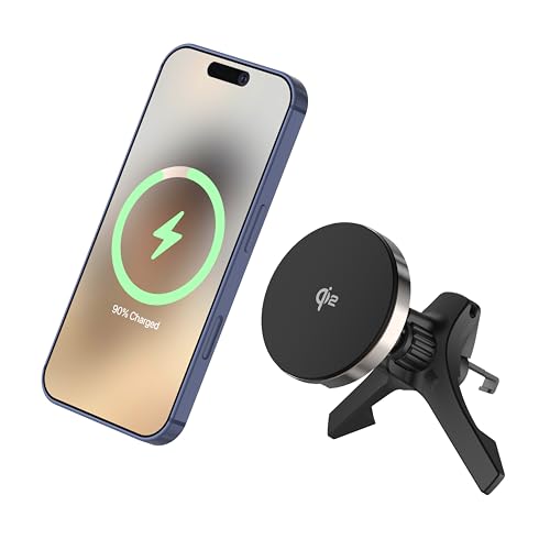 Image of Ambrane Qi2 Magsafe Car Charger, 2-in-1 Purpose: Car Charger & Mobile Stand, Perfect for Daily Commute or Long Travels, 15W Fast Wireless Charging, Attaches onto Air Vents (AerosynQ 3, Black)