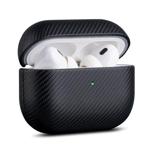 Image of Haobobro for AirPods Pro 3 Case Cover - Selected Vegan Leather, Carbon Fibre Texture, Handmade Drop Protective Hard Cover, Qi and MagSafe Charging Compatible - AirPods Pro 3rd Generation Case - Black