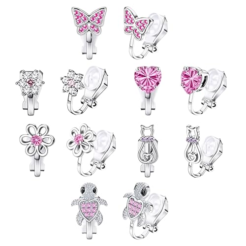 Ohrclips Kinder Mädchen 6 Paar Kinder Ohrringe Mädchen Hypoallergene Clip Ohrringe Ohne Ohrloch Glänzend Schmetterling Blume Klipp Ohrringe Mädchens (Rosa A)