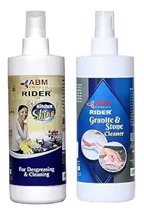 Rider KITCHEN SHINE for degreasing and cleaning of Gas Stove, Kitchen Cabinet, Kitchen Sink and GRANITE & STONE CLEANER For all types of Marble, Granite & Stone Combo 300 ML Spray X 2