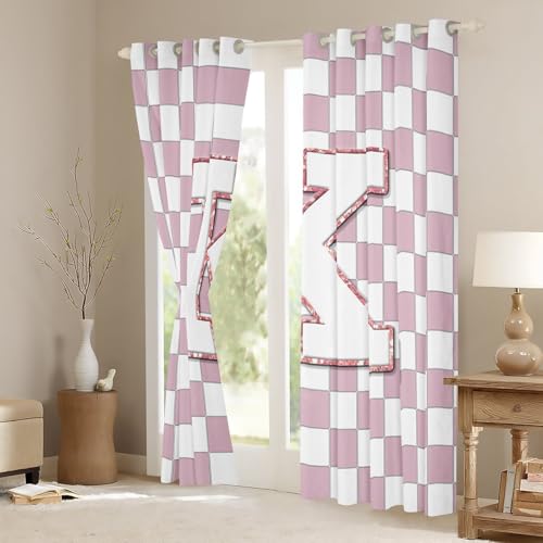 Image of Erosebridal Pink Initial K Window Drapes Kawaii Plaid Checkered Blackout Curtains 42 inchWx84 inchL Cute Personalized Monogram Curtains for Kids Girls Bedroom,Fashion Grids Gingham Window Treatments 2 Panels