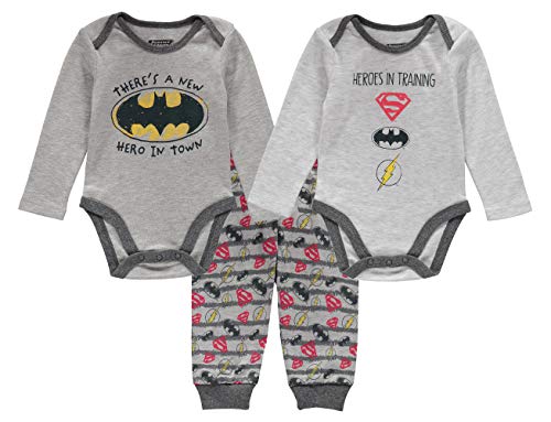 DC Comics Infant Boys' Superman Batman Onsies Bodysuits and Pants Costume 3 Piece Set (White/Grey/L.Grey, 3-6 Months)