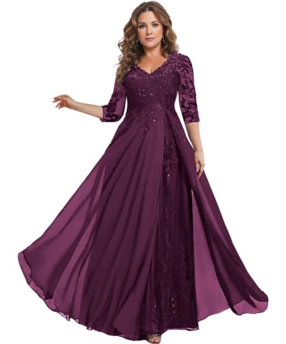 Image of HANVAIOS Sparkly Mother of The Bride Dresses for Women Long Chiffon 3 /4 Sleeve Lace Appliques Formal Gown