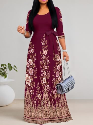 Image of PinkPatty Plus Size Maxi Dress for Women Casual V Neck 3 /4 Sleeve Boho Printed Long Dress with Pockets