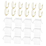 SOLUSTRE 12 Pulseras Mini Rosario de Oración con Cruz y Perlas de Color Blanco, Pulsera Rosario Católico para Bautizo y Comunión, Favores Religiosos para Bodas y Fiestas, 7x9 Cm, Dorado
