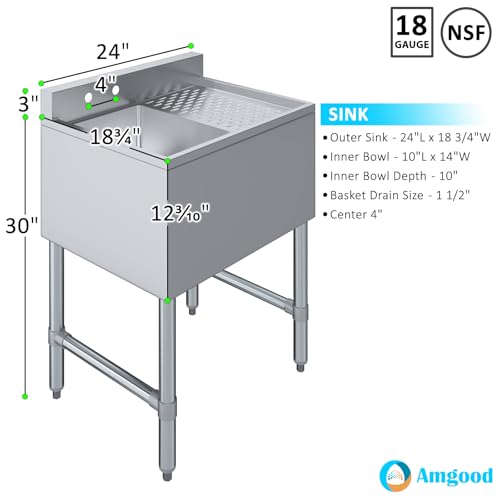 Image of AmGood One Compartment Stainless Steel Under bar Sink (Sink Size: 24 inchx19 inch, Single Bowl + 12 inch Right Drainboard)