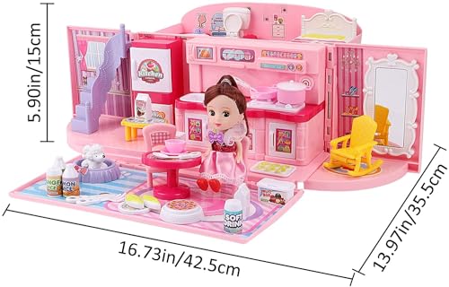 Image of 2-In-1 Light & Music Portable Pink Doll House Play Set With Carry Case And Doll Mini Doll House In A Stylish Handbag- Great Gift Dollhouse Set For Kids