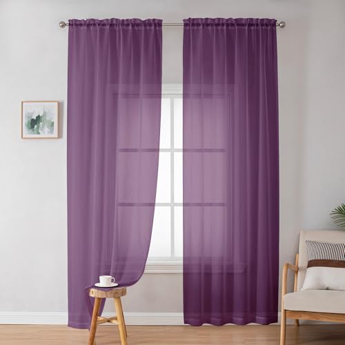 Image of OWENIE Sheer Curtains 72 Inches Long 2 Panels Set, Transparent Light Filtering Plum Sheer Curtain Rod Pocket Clear Drapes for Living Room Bedroom Window Sliding Glass Door, Each 42 x 72 Inch, Plum