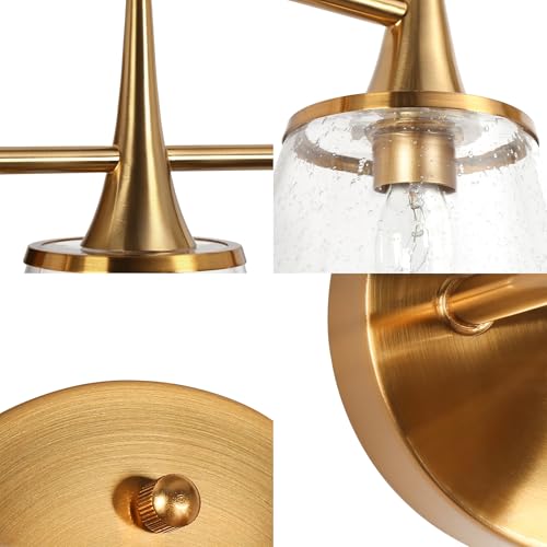 Image of KSANA Gold Bathroom Light Fixtures, 22.5'' Modern Plating Brass Vanity Lights with Seeded Glass Shade, 3-Light Copper Bathroom Lighting Over Mirror
