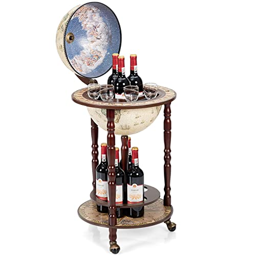 HAPPYGRILL Globe Bar, 17.5&rdquo; Wine Bar Stand Italian Wooden Globe Wine Cart Liquor Bottle Shelf...