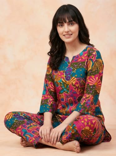 Image of Bee M Pee Designer Trendy Floral Printed Poly Rayon Cotton Kurta Coord Sets for Women | Stylish Casual Kurti Tunic Cord Set with Pant for Woman for Office