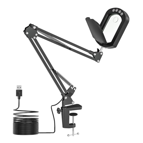 Jubor Lampe de Bureau Loupe, 15X 10X LED Loupe avec Lumière avec Cache-poussière, Lampe de Bureau avec 5 Modes de Couleurs Réglables pour Lecture,...