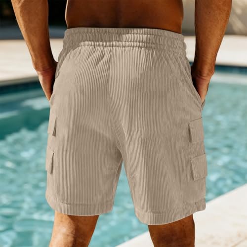 Image of Men's Casual Shorts Corduroy Elastic Waist Drawstring Summer Beach Short