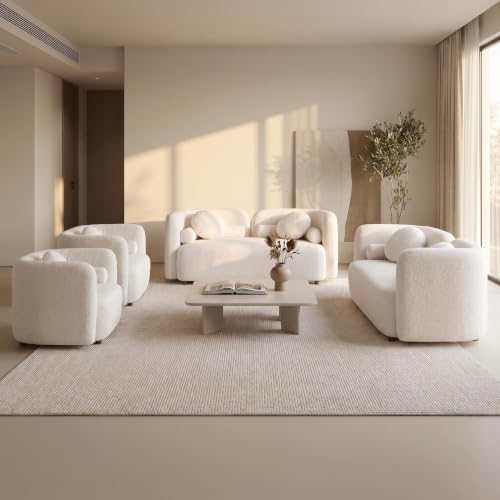 Image of 4 Piece Curved Sofa Set for Living Room, Boucle Couch Set with 2 Modern 2-Seater Loveseats & 2 Accent Chairs, Deep Seat Conversation Seating Furniture for Apartment,Open Concept Spaces,Home Office