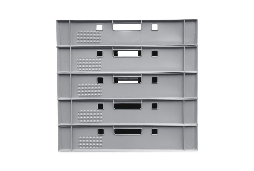 Eurobox E1 60x40x12,5 cm Lagerkiste 5er Set Grau flach stapelbar robust | BURI, lebensmittelecht, Made in Germany, Stapelbox, Transportkiste, Kunststoffbox, Normmaß, Lagerung, Organisation