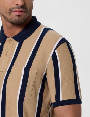 Image of Peter England Men's 100% Cotton Vertical Striped Polo T-Shirt - Casual Wear | Sleek & Comfortable