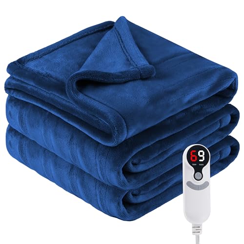 Electric Heated Blanket Throw Size 50" x 60", Super Cozy Soft with 6 Heat Levels & 3 Hours Auto Off, Home Office Use, Navy Blue