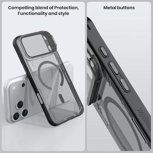 Image of PRITO Nilkin Magnetic Case for iPhone 17 Pro, Shockproof Protection with MagSafe, Never Yellowing and Biodegradable Material, with Stand & Transparent Camera Lens Cover (Black, iPhone 17Pro)