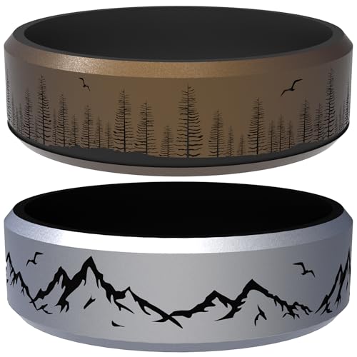 2/1 Paks Wilderness Collection Engraved Ring，Mountain, Forest ，coco，Silicone Ring for Men and Women - Silicone Wedding Band for Sports Activities, Breathable Comfort Fit