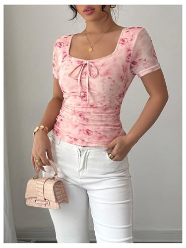 GORGLITTER Women's Floral Mesh Ruched T Shirt Tie Front Short Sleeve Square Neck Slim Tops4