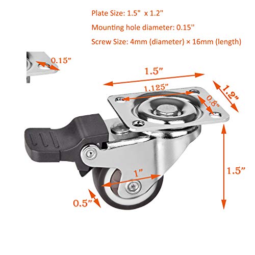 4 Pack 1" Low Profile Casters Wheels Soft Rubber Swivel Caster with 360 Degree Top Plate 100 lb Total Capacity for Set of 4 (2 with Brakes & 2 Without)