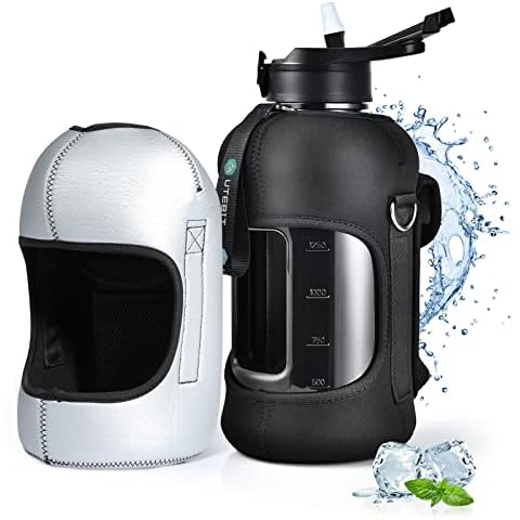 UTEBIT 2.2L Water Bottle with Straw, Large Motivational Water Jug with Insulated Sleeve Built In Mesh Pocket for Men Women in Gym Fitness Outdoor Camping, BPA Free & Leak-Proof Cover