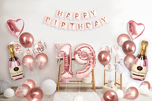 19th Birthday Party Decorations Rose Gold Supplies Big Set for Women and Girls with Happy Birthday Balloons Banner and 19 Digit Balloon for Her Including Latex and Confetti Balloons by PartyForever - Used condition - Image 3