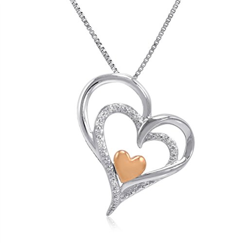 Sterling Silver and 14K Gold Diamond Heart Pendant-Necklace