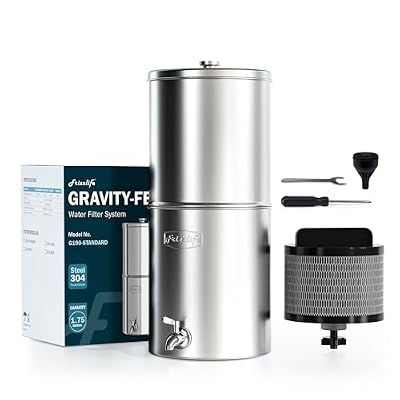 Frizzlife G190 Gravity-Fed Water Filter System, NSF Certified Element Reduces 99% Chlorine, Bad Taste & Odor, 10+ Impurities, 304 Stainless Steel Countertop System for Home and Outdoor, 1.75G