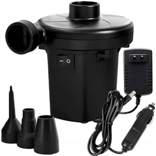 KRUMAD Elektrische Luftpumpe 12V/230V 50W 3 Aufsätze für Luftmatratze Air Pump Akku Pumpe Doppelfunktionspumpe mit Aufblas & Entlüftungsfunktion Pumpe für Pool Schlauchboote Luftbett