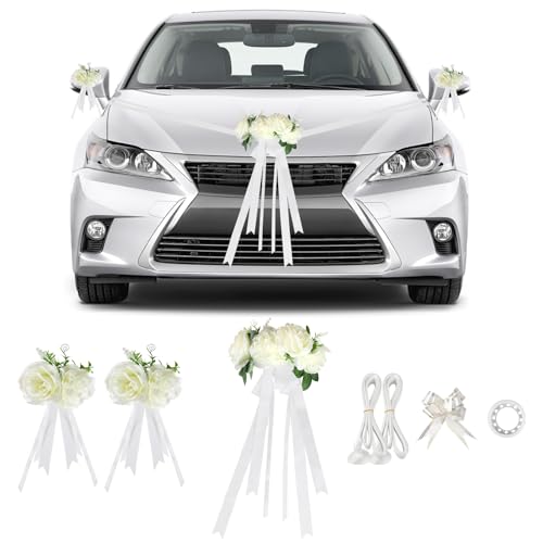 Supaway Decoración Floral de Coche para Boda, Set de capó en Blanco con 3 Rosas, ventosas, 2 x 4,4 m de Cintas, 4 Lazos y 1 Cinta Adhesiva, Decoración de vehículo para Boda y Fiesta