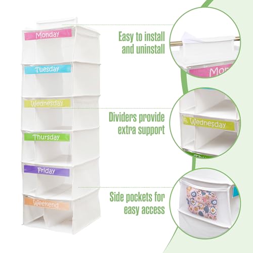 Houseables Kids Clothes Organizer, Weekly Clothes Organizer for Kids, Outfit Organizers, Closet Daily Outfit Storage, Monday through Friday Clothing, Day of the Week, Weekday, School, Hanging, 6 Shelf - Image 4